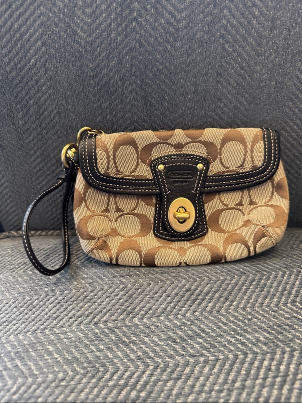 Coach Legacy Tan & Brown Signature Canvas Wristlet with Turn-Lock